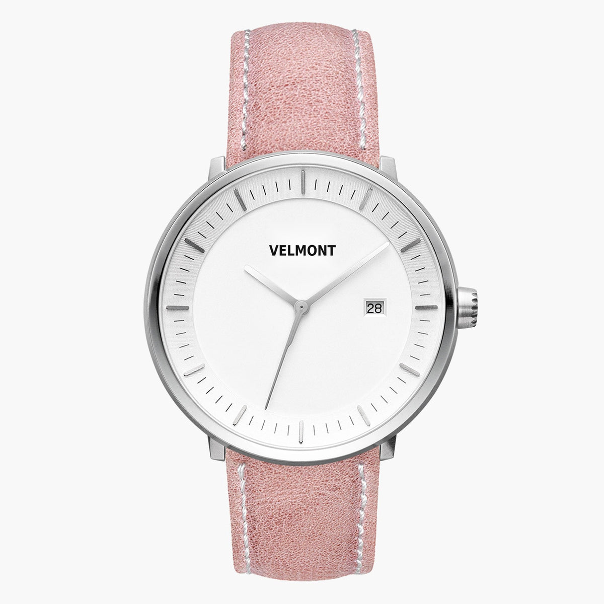Watch with a white dial and silver-tone case on a dusty pink strap.