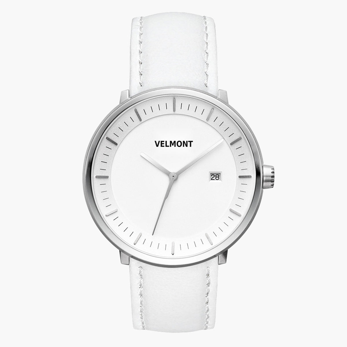 All-white look: white dial and silver-tone case on a white strap, front view.