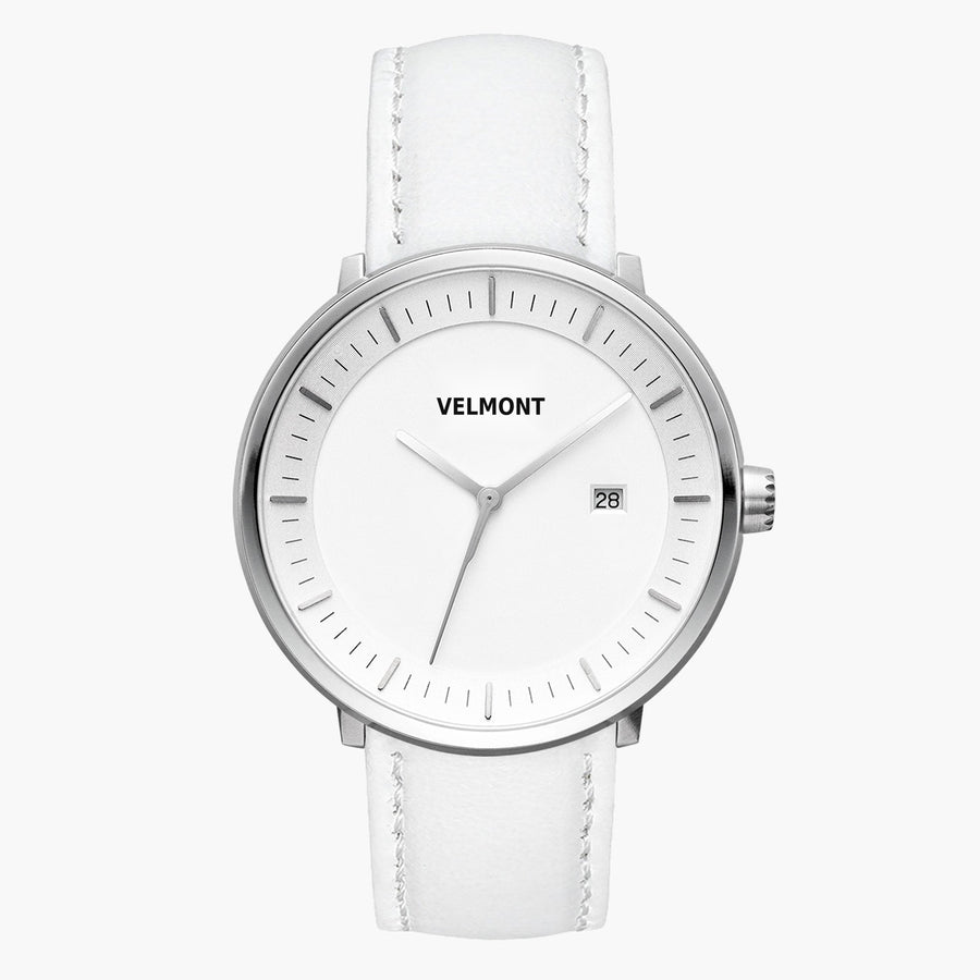 All-white look: white dial and silver-tone case on a white strap, front view.
