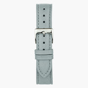 Close look at the dove gray strap and its silver-tone pin buckle.