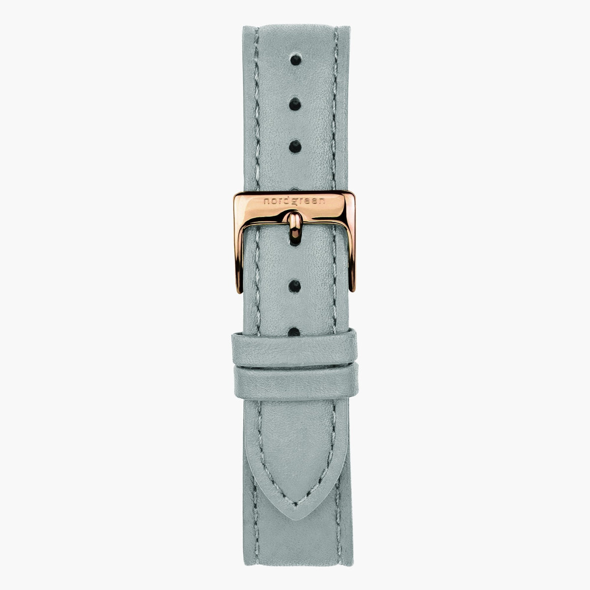 Dove gray strap with a rose gold-tone pin buckle, laid out flat.