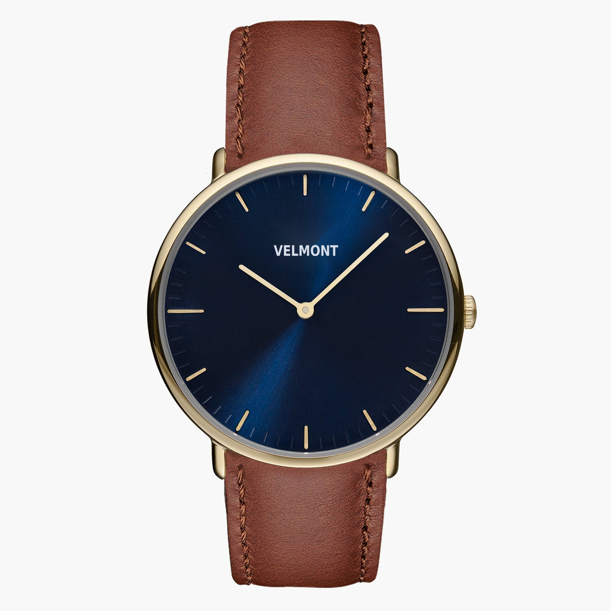 A blue sunburst dial framed by a slim gold-tone case, set on a brown strap.