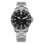 Black-bezel watch on steel bracelet, front view