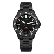 Black-finish numbered-bezel watch on a black bracelet