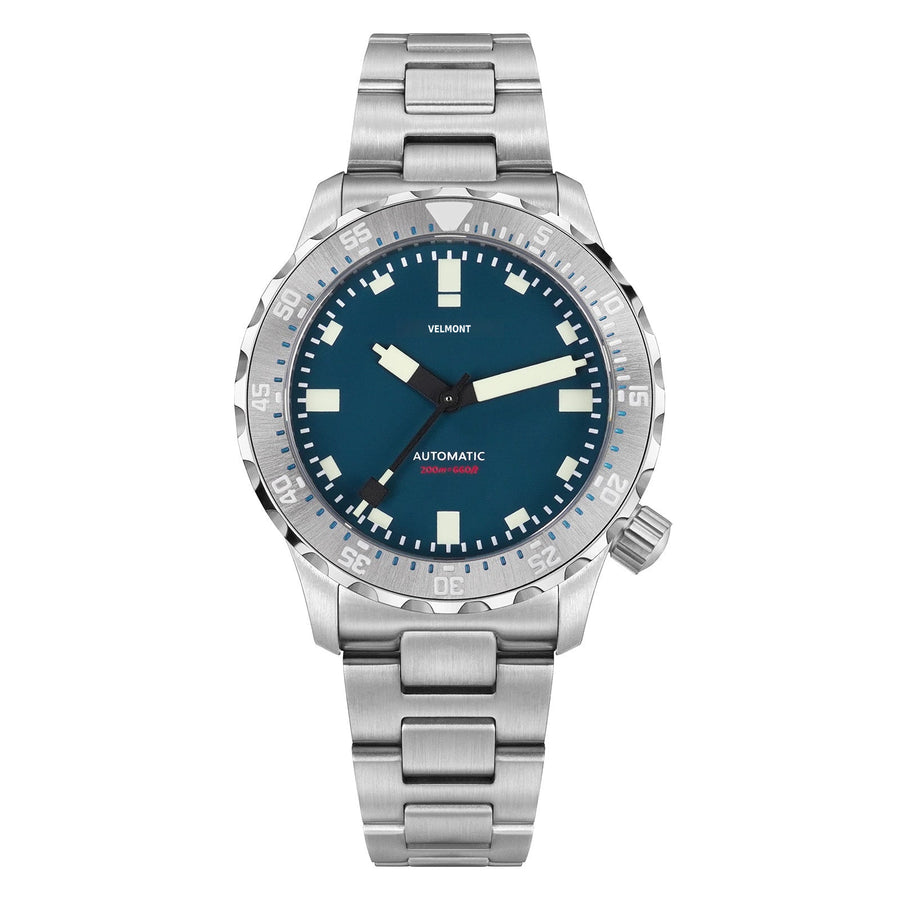 Blue-dial sports watch with numbered bezel and steel bracelet