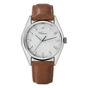 White sunburst dial dress watch on a brown strap
