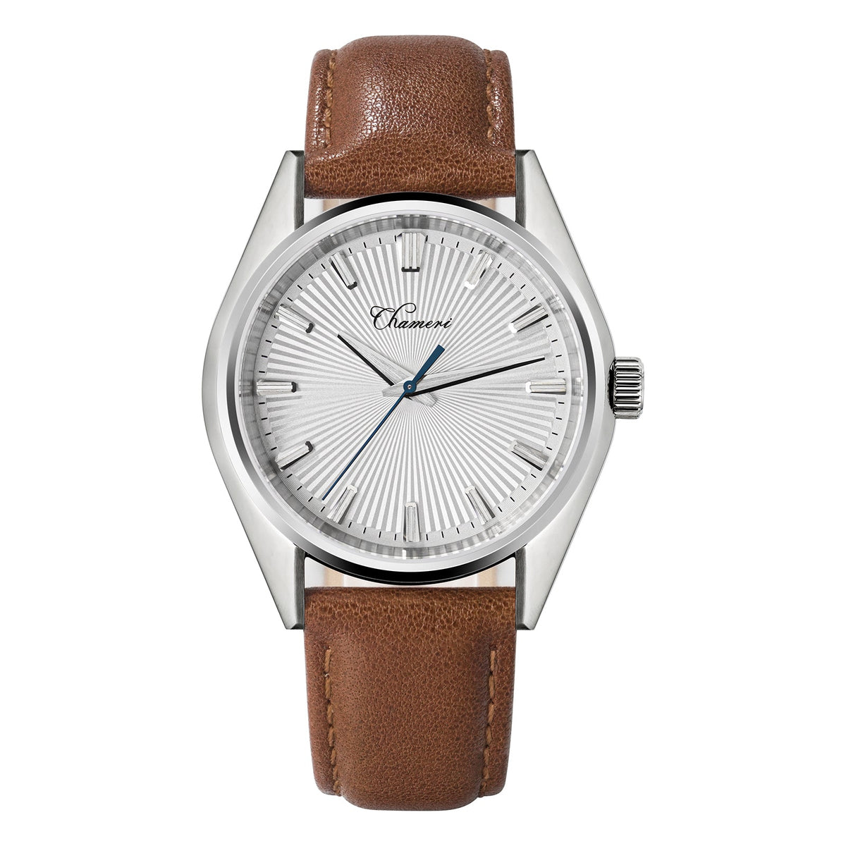 White sunburst dial dress watch on a brown strap