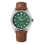 Green bark-textured dial dress watch on a brown strap