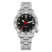 Black-dial sports watch with red hands, close front view