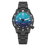 Black-finish sports watch with teal gradient dial and black bracelet