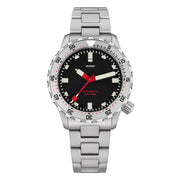 Black-dial sports watch on steel bracelet