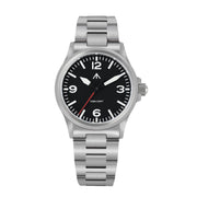 Black-dial pilot-style watch on a steel bracelet