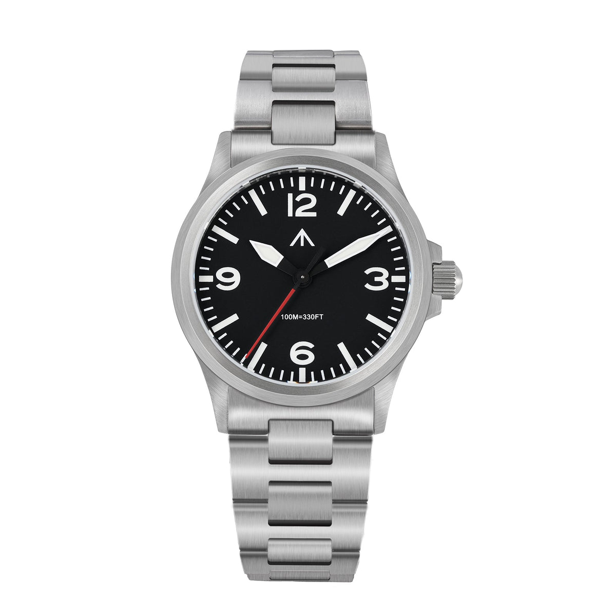 Black-dial pilot-style watch on a steel bracelet