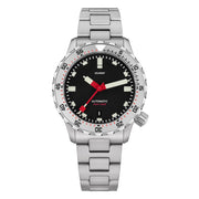 Black-dial sports watch with red hands, numbered bezel and steel bracelet