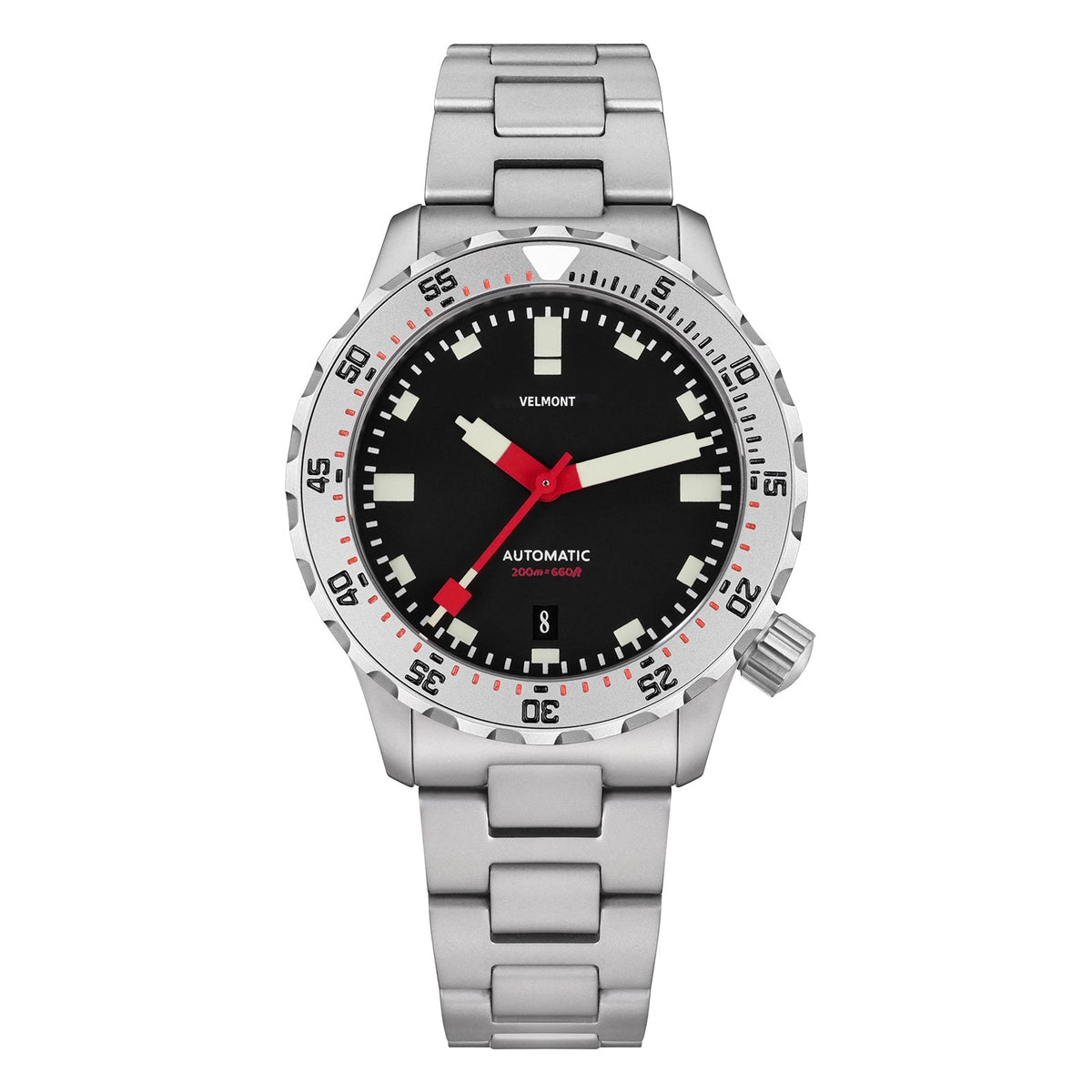 Black-dial sports watch with red hands, numbered bezel and steel bracelet