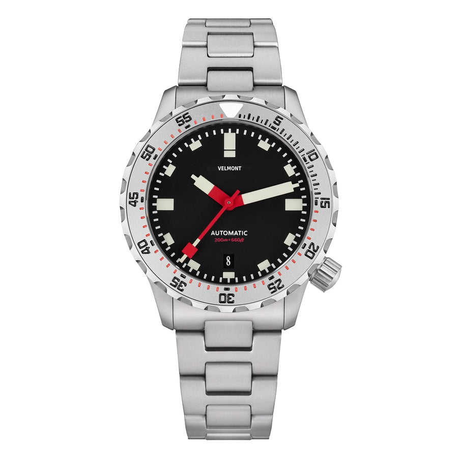 Black-dial sports watch with red hands, numbered bezel and steel bracelet