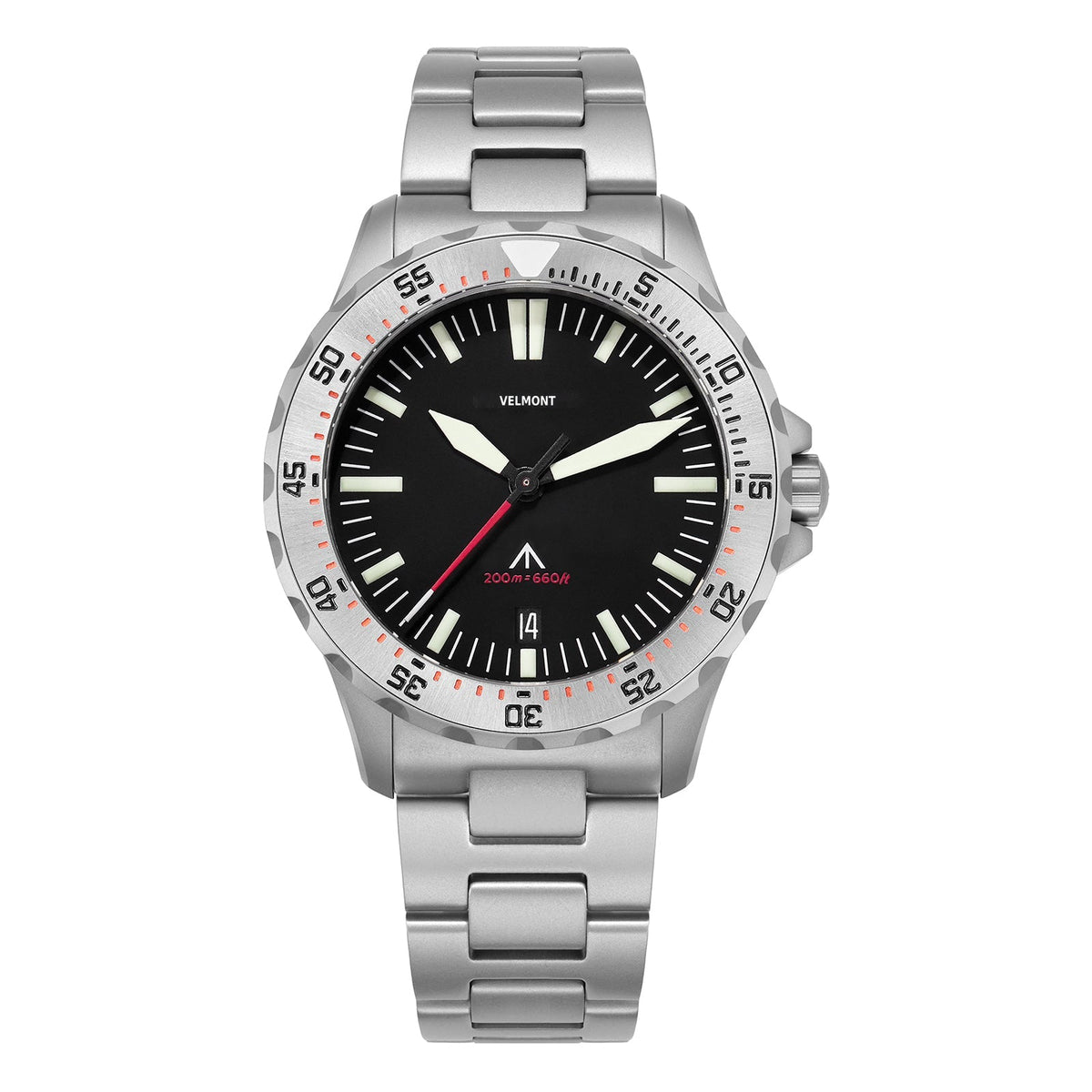 Steel-bezel watch with date at 6, front view
