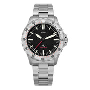 Steel-bezel watch with black dial on a sandblasted bracelet