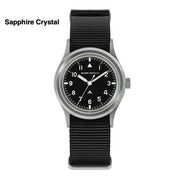 Black-dial military watch labeled Sapphire Crystal