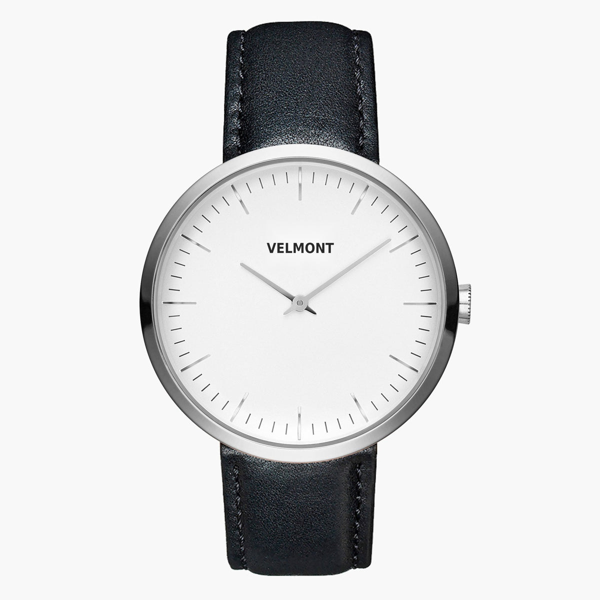 Minimalist watch with a white dial and silver-tone case on a black strap.