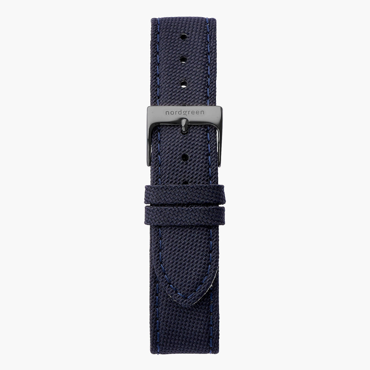 Navy textured fabric watch strap with stitched edges and a gunmetal pin buckle.