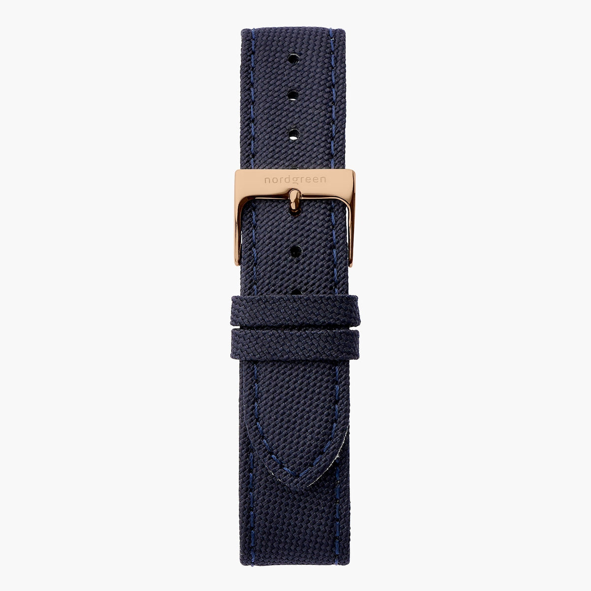 Navy woven-texture strap with tonal stitching and a rose gold-tone buckle.