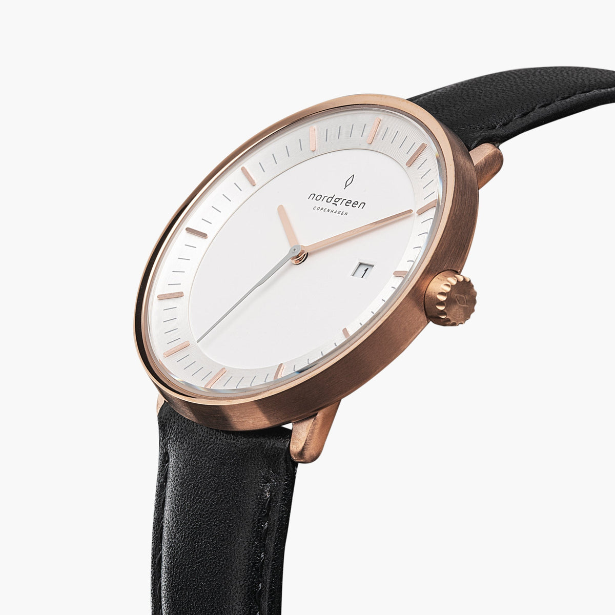 Angled view of the white dial with date window and rose gold-tone crown.