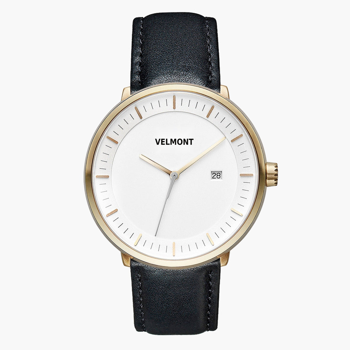 Watch with a white dial and gold-tone case on a black strap, front view.