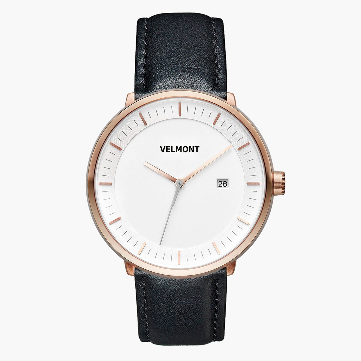 Watch with a white dial and rose gold-tone case on a black strap, front view.