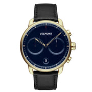 Gold-tone chronograph with a navy dial, two subdials and a black strap.