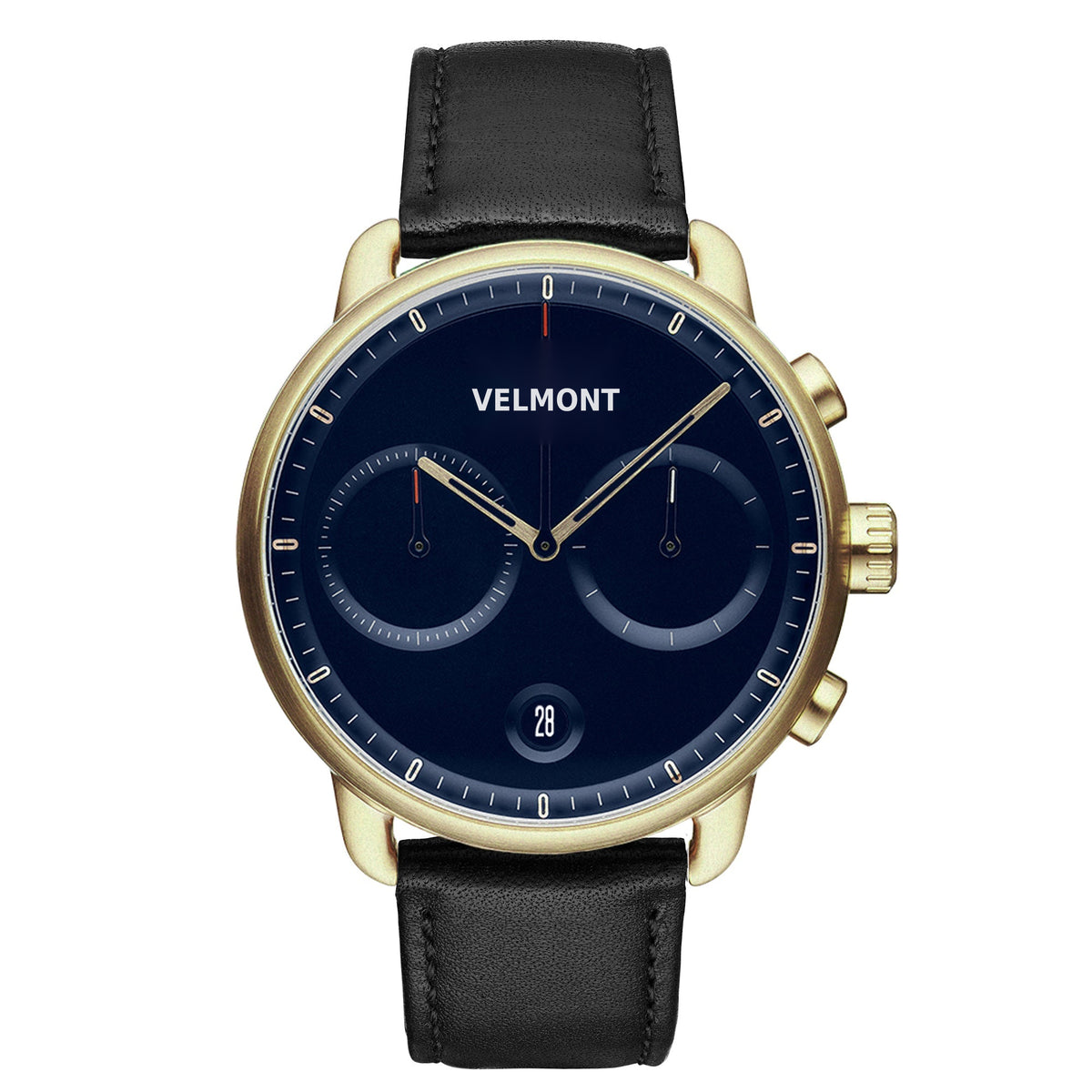 Gold-tone chronograph with a navy dial, two subdials and a black strap.