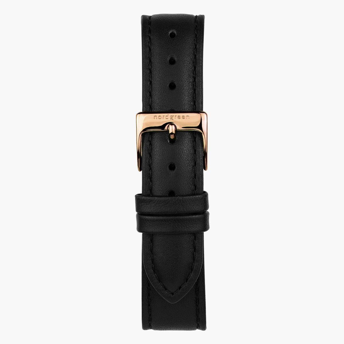 Close look at the black strap and its rose gold-tone pin buckle.