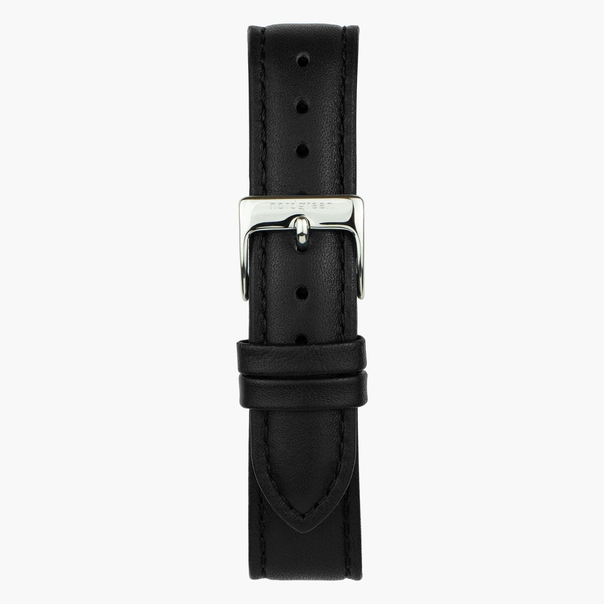 Close look at the black strap and its silver-tone pin buckle.