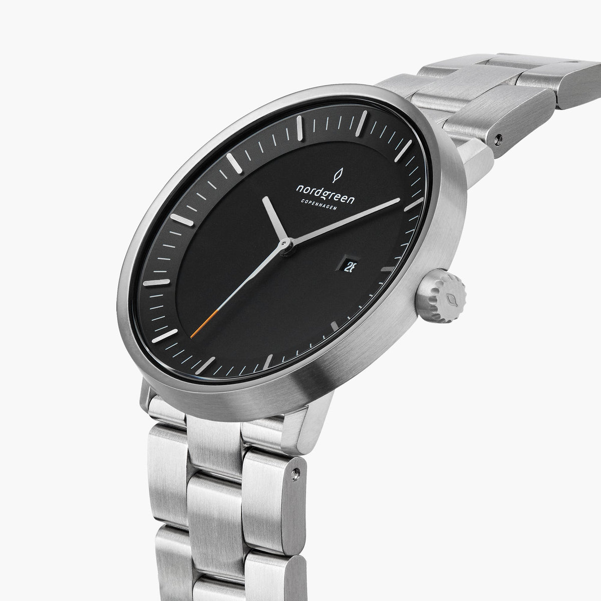 Angled view of the black dial, date window and silver-tone crown.