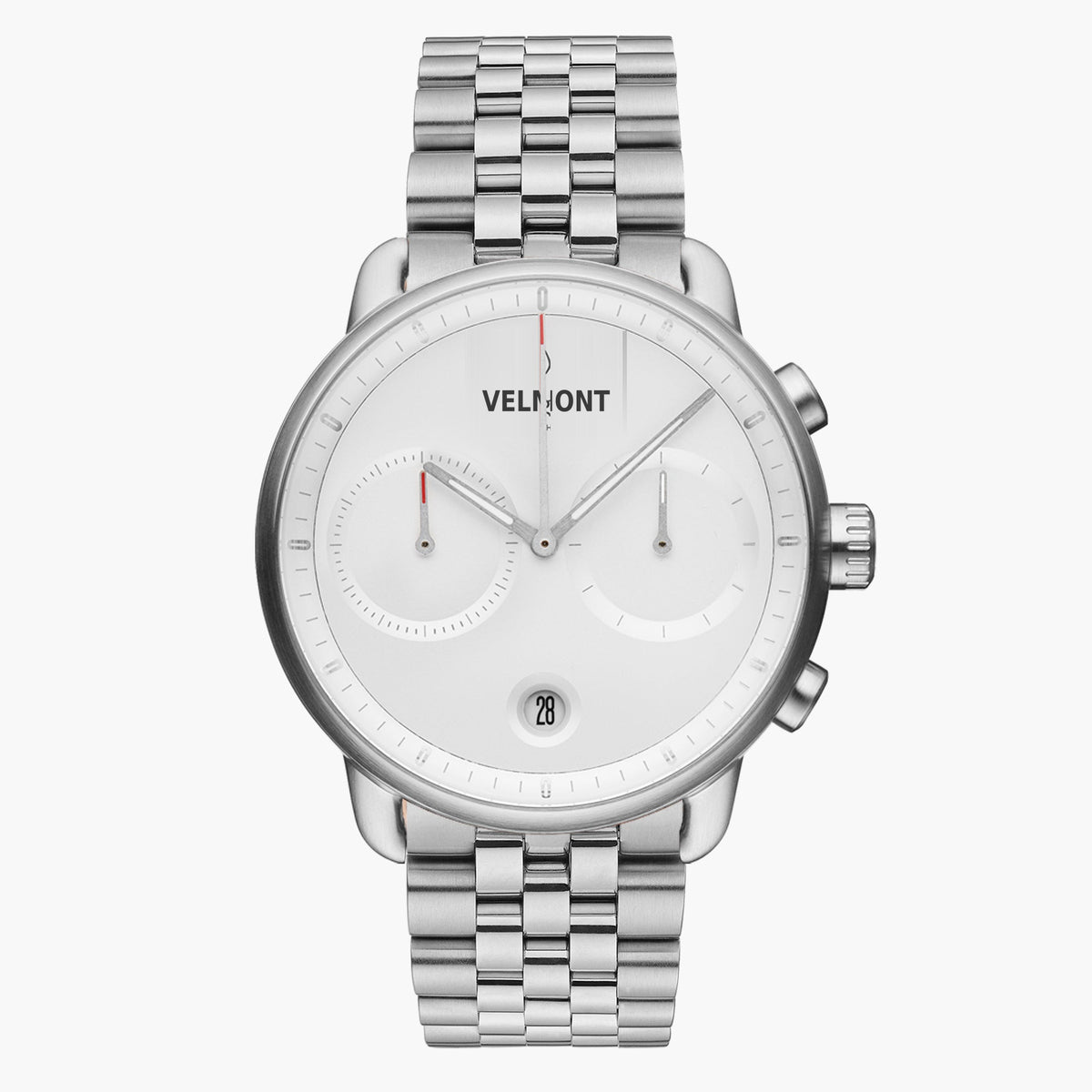 Chronograph-style watch with a white dial on a silver-tone five-row link bracelet.
