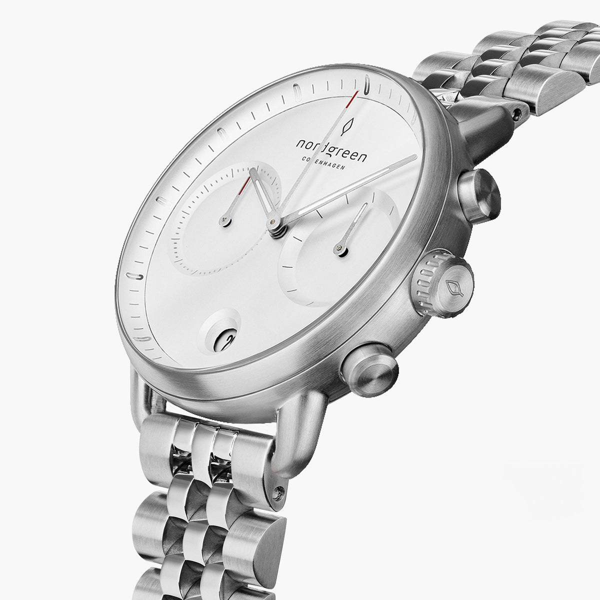Angled view of the white dial, subdials and the multi-link bracelet.