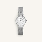 Silver-tone mesh strap watch with iridescent dial, front view