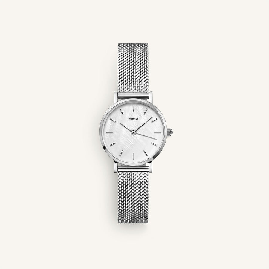 Silver-tone mesh strap watch with iridescent dial, front view