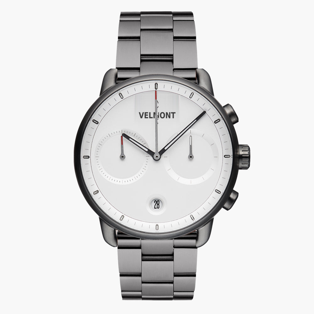 Chronograph-style watch with a white dial on a gunmetal link bracelet, front view.