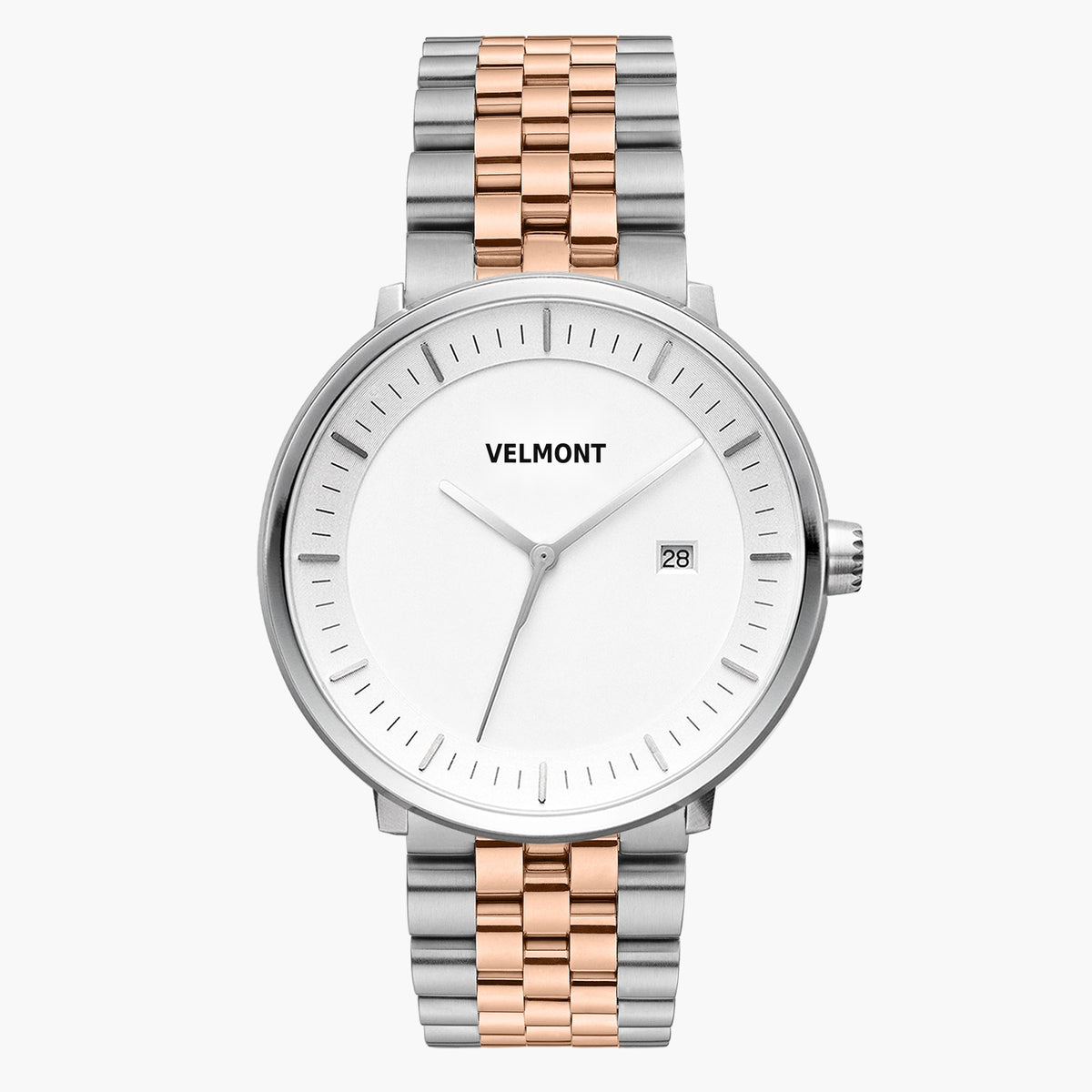 Straight-on look at the white dial and silver-tone case with its two-tone silver and rose gold-tone link bracelet.