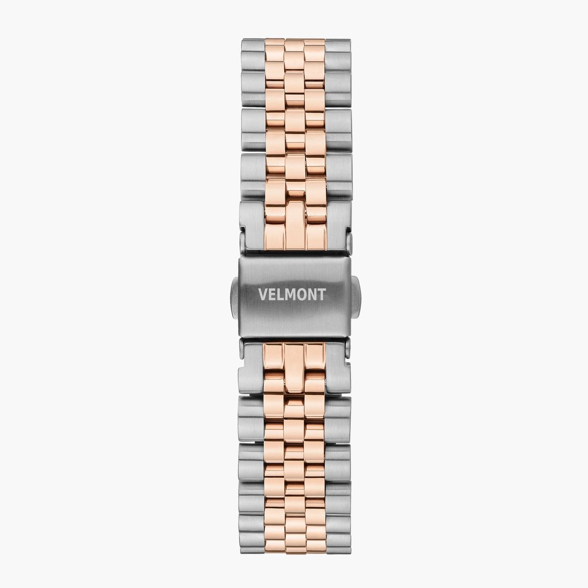 Detached two-tone silver and rose gold-tone link bracelet fastened with a silver-tone fold-over clasp.