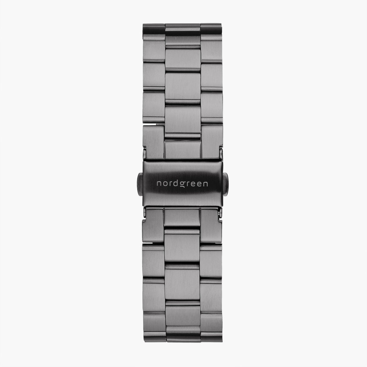 Gunmetal three-row link bracelet with its clasp, shown alone.