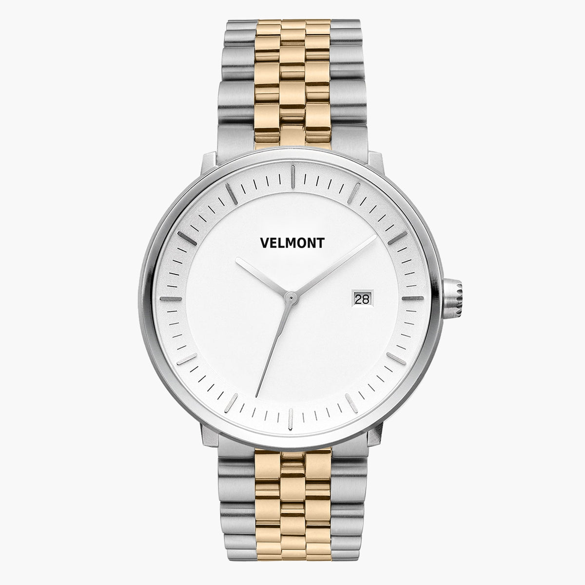 Straight-on look at the white dial and silver-tone case with its two-tone silver and gold-tone link bracelet.