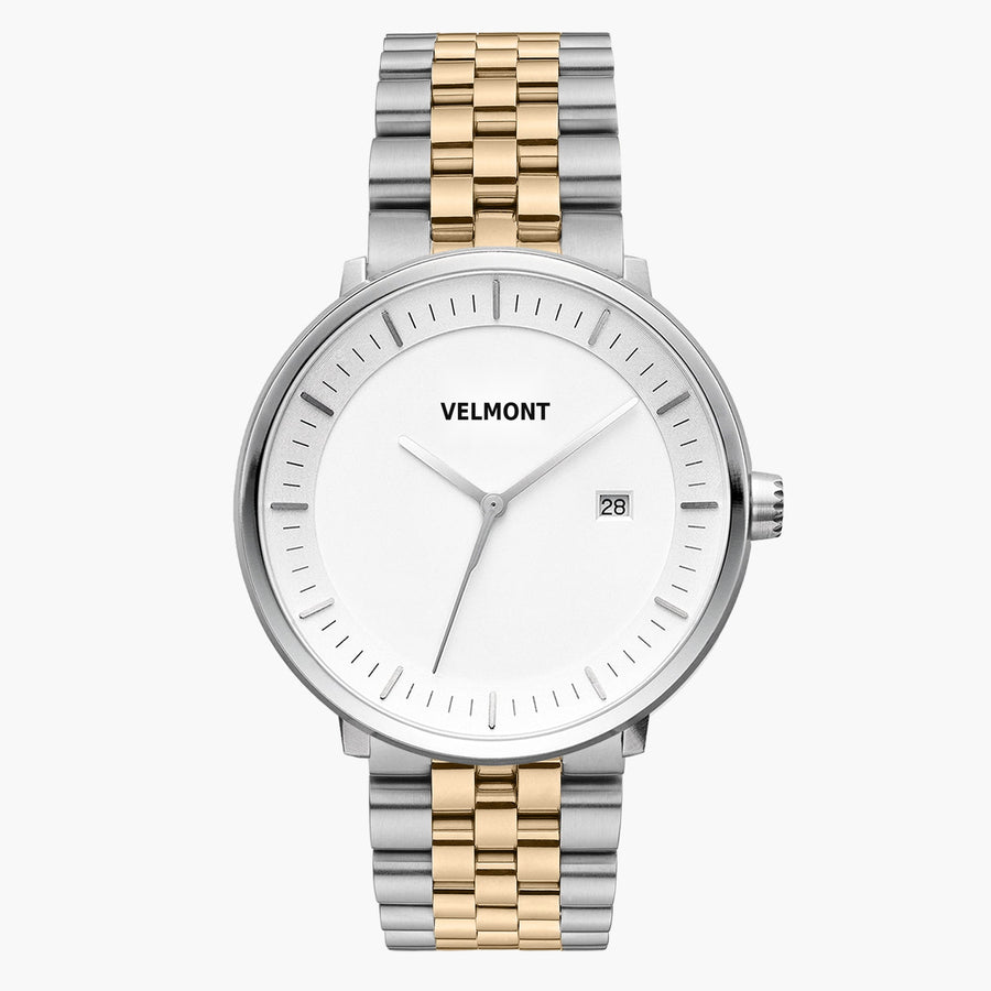 Straight-on look at the white dial and silver-tone case with its two-tone silver and gold-tone link bracelet.