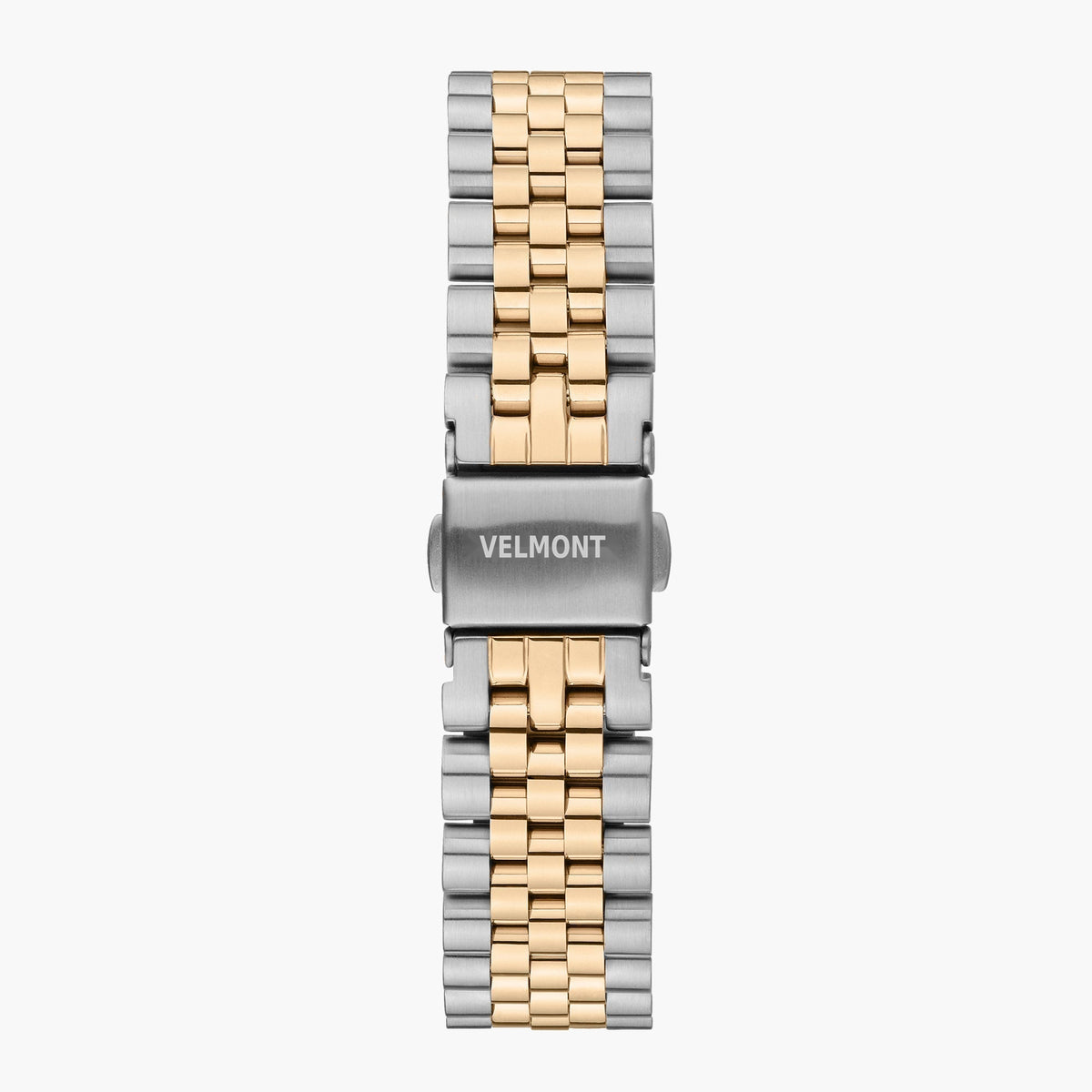 Detached two-tone silver and gold-tone link bracelet fastened with a silver-tone fold-over clasp.