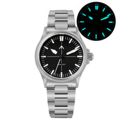 Crosshair dial watch on a steel bracelet with glow inset