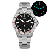 Steel-bezel watch with date at 6 and glow inset