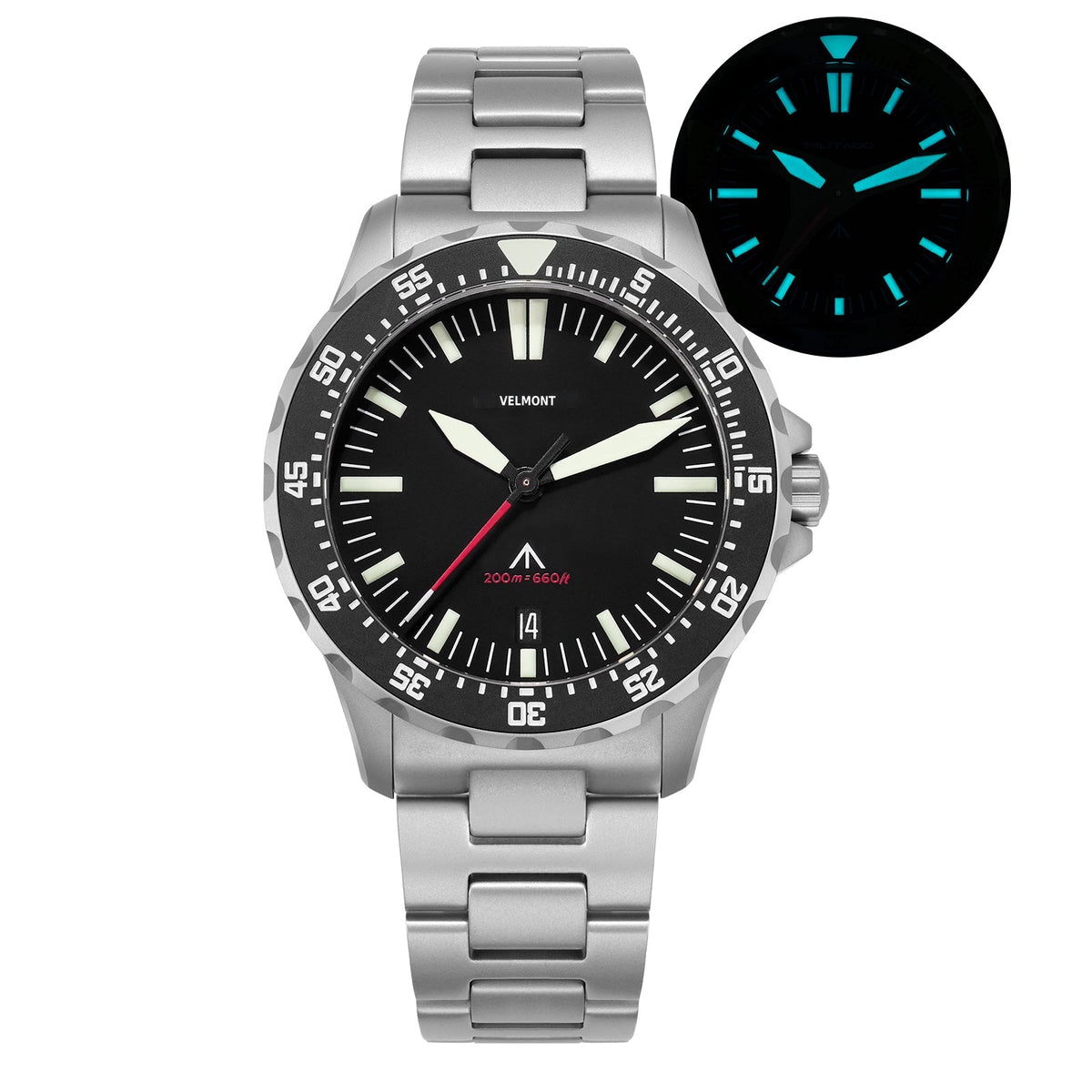 Black-bezel watch with date and glow inset