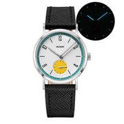 White-dial watch with yellow small-seconds sub-dial and glow inset