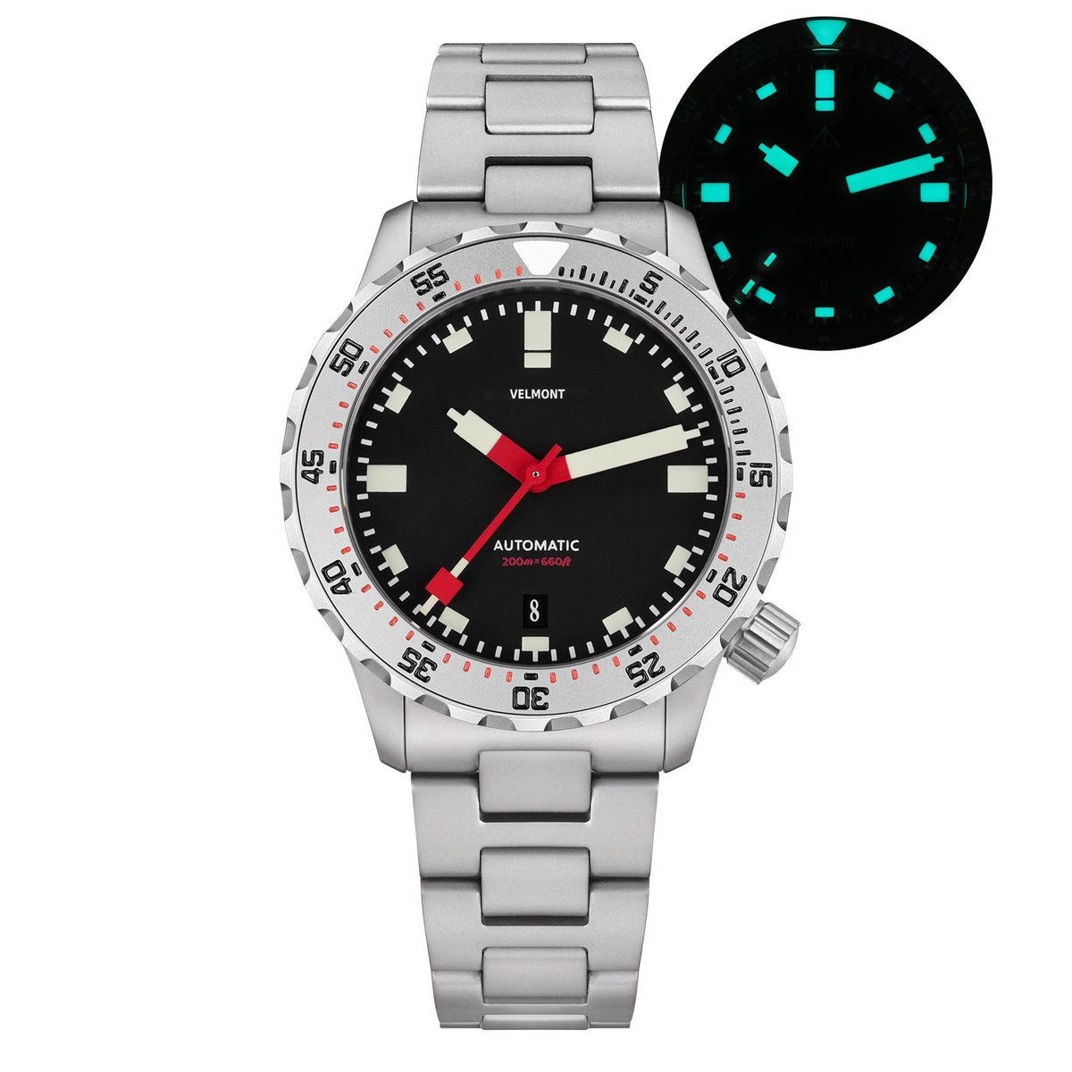 Black-dial sports watch with glow-in-the-dark inset